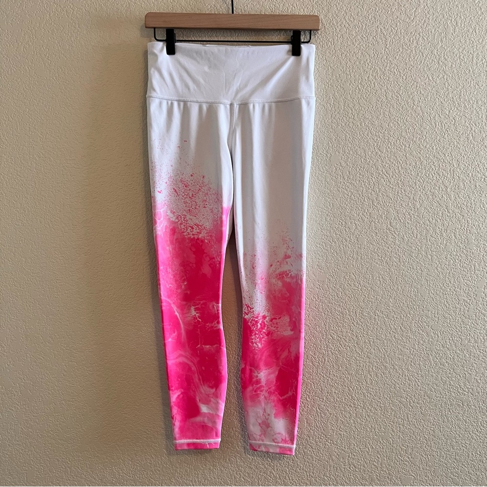 Athleta Elation 7/8 Leggings High Rise White Pink Paint Splatter Size Small